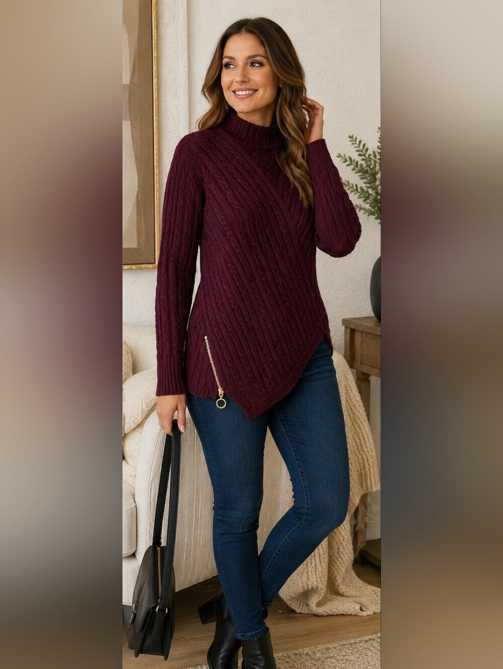 525 America Wine Colored Cable Knit Asymmetrical Sweater Large